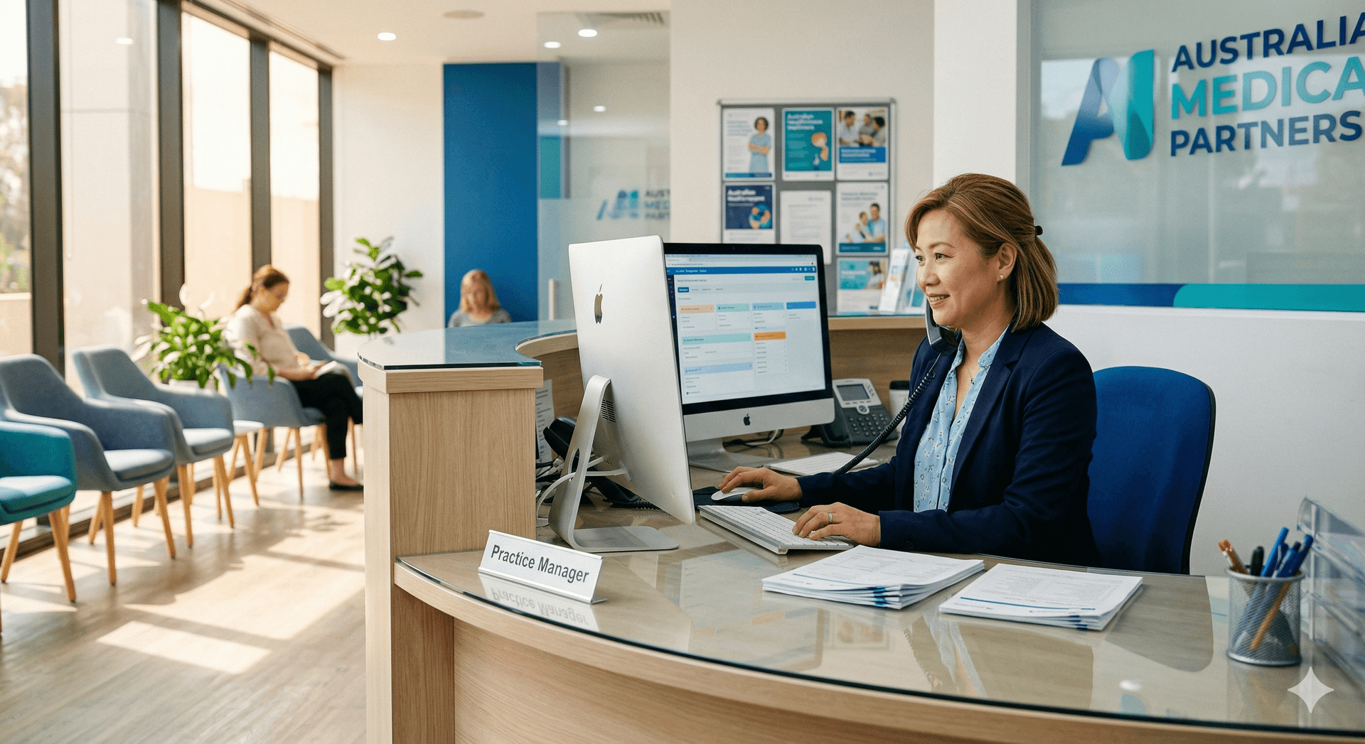Practice manager at reception desk using Medical Wizard patient portal